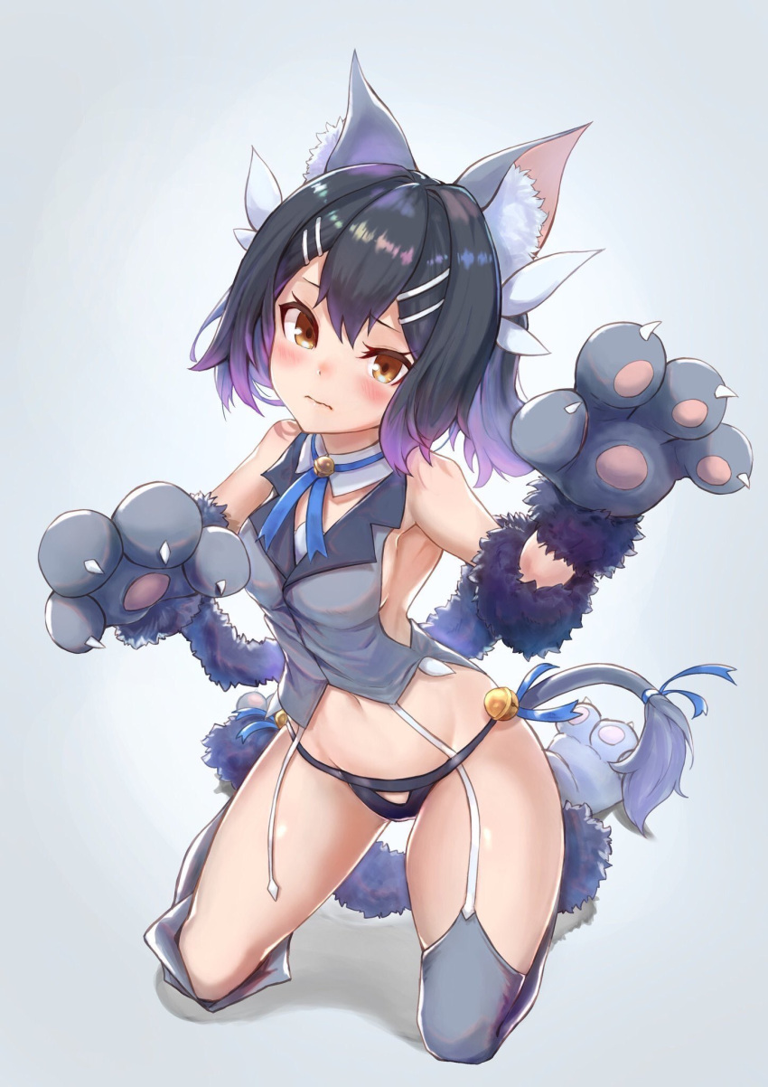 black_hair breasts fate/kaleid_liner_prisma_illya fate_(series) fifty1202 gloves highres leotard miyu_edelfelt paw_gloves paw_shoes paws purple_leotard shoes small_breasts