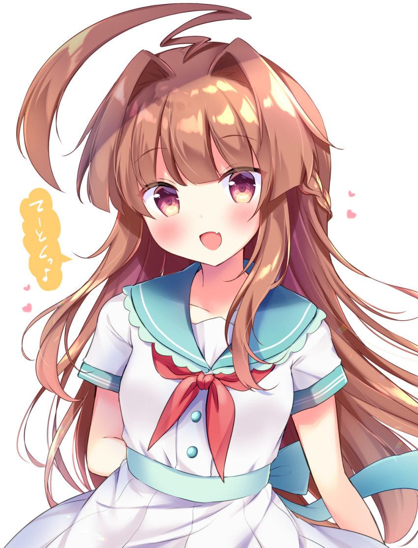 1girl :d adapted_costume ahoge aqua_sailor_collar arm_behind_back arms_behind_back blush braid brown_eyes brown_hair commentary_request dress fang green_sailor_collar hair_intakes heart highres huge_ahoge kantai_collection kuma_(kantai_collection) long_hair looking_at_viewer masayo_(gin_no_ame) neckerchief open_mouth pleated_dress red_eyes red_neckwear sailor_collar sailor_dress short_sleeves simple_background skin_fang smile solo translated white_background white_dress