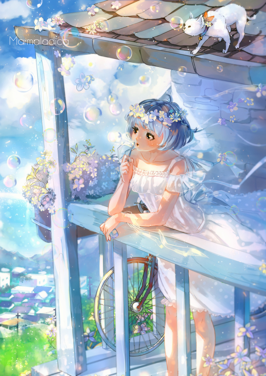 1girl animal bangs bare_arms bicycle blue_hair blue_sky bubble bubble_blowing cat clouds collarbone commentary day dress english_commentary flower ground_vehicle head_wreath highres holding marmalade_(elfless_vanilla) original outdoors ribbon short_hair sky standing summer veranda white_dress