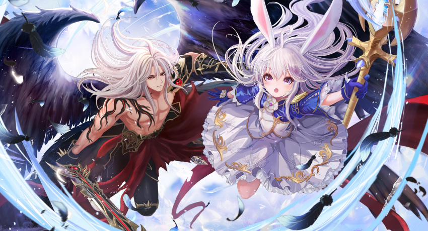 1boy 1girl ahoge animal_ears arm_up artist_request black_gloves black_pants black_wings blue_gloves blue_sleeves dress elin_(tera) feathered_wings feathers gloves highres long_hair muscle official_art open_mouth pants pink_eyes rabbit_ears red_eyes silver_hair staff sword tera_online topless wallpaper weapon white_dress wings