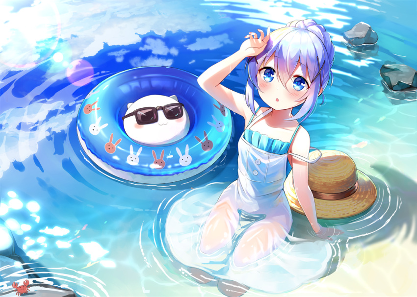 1girl :3 :o animal_print bangs bare_arms blue_eyes blush bunny_print clouds commentary_request crab dress emerane eyebrows_visible_through_hair gochuumon_wa_usagi_desu_ka? hair_between_eyes hair_bun hair_ornament hair_up hairclip hand_up hat hat_removed headwear_removed innertube kafuu_chino lavender_hair lens_flare looking_at_viewer open_mouth rabbit reflection ripples rock see-through sitting sleeveless sleeveless_dress strap_slip sun_hat sunglasses tippy_(gochiusa) water water_drop wet wet_clothes wet_dress white_dress x_hair_ornament