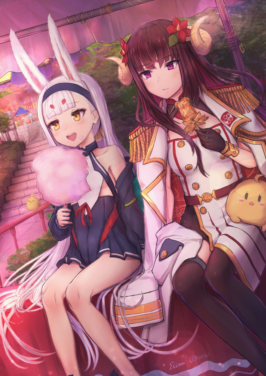 2girls :&gt; absurdres animal_ears azur_lane bangs bare_legs bench black_legwear blunt_bangs brown_hair closed_mouth commentary_request cotton_candy eating eicam epaulettes evening festival food food_on_face fried_squid hairband highres horns huge_filesize jacket jacket_on_shoulders jitome manjuu_(azur_lane) multiple_girls open_mouth outdoors pink_hair rabbit_ears shimakaze_(azur_lane) sitting sitting_on_bench squid summer_festival suruga_(azur_lane) sweatdrop thigh-highs violet_eyes white_jacket yellow_eyes