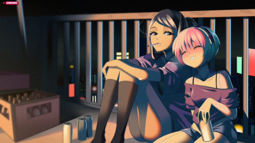 2girls balcony beer_can blush box can cigarette city_lights cityscape closed_eyes dorothy_haze english_commentary highres jill_stingray multiple_girls night pink_hair purple_hair red_eyes smile smoking socks steve_chopz va-11_hall-a