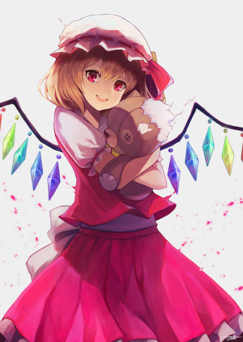 1girl :d absurdres blonde_hair bow flandre_scarlet hair_between_eyes hat hat_ribbon head_tilt highres holding holding_stuffed_animal jun_wei looking_at_viewer medium_hair medium_skirt open_mouth pleated_skirt red_eyes red_ribbon red_shirt red_skirt ribbon ribbon_trim shirt short_sleeves side_ponytail signature skirt smile solo standing stuffed_animal stuffed_toy touhou white_background white_bow white_headwear white_sleeves wings