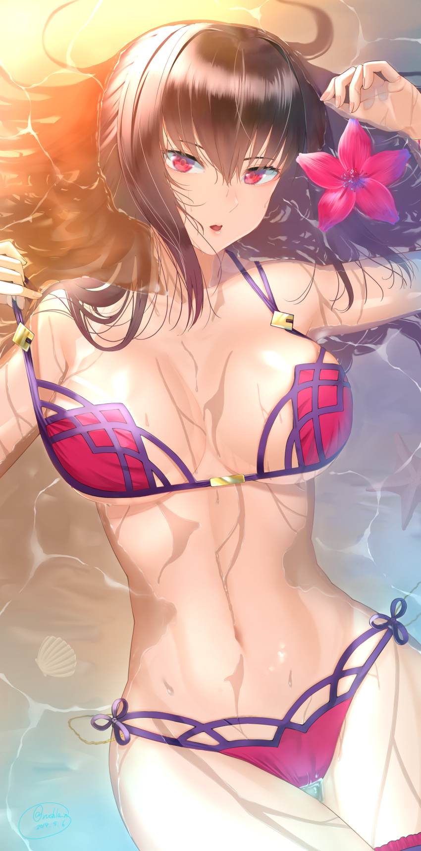 1girl absurdres alternate_costume beach bikini bracelet breasts fate/grand_order fate_(series) flower hair_intakes hair_ornament hibiscus highres jewelry large_breasts leg_garter lipstick looking_at_viewer makeup navel outdoors parted_lips partially_submerged pink_bikini purple_bikini purple_hair red_eyes rushian sand scathach_(fate)_(all) scathach_(swimsuit_assassin)_(fate) seashell shell solo strap_pull sunset swimsuit thigh_gap