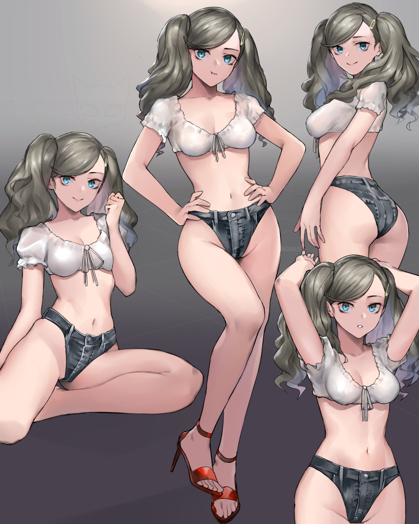 1girl :t absurdres arms_up ass atlus bare_arms blue_eyes breasts collarbone crop_top cute denim denim_shorts groin hair_ornament hairclip hands_on_hips high_heels highres jeans long_hair looking_at_viewer medium_breasts megami_tensei micro_shorts midriff multiple_views navel neonbeat pants persona persona_5 sexy shirt short_sleeves shorts silver_hair simple_background sitting smile standing takamaki_anne thighs twintails
