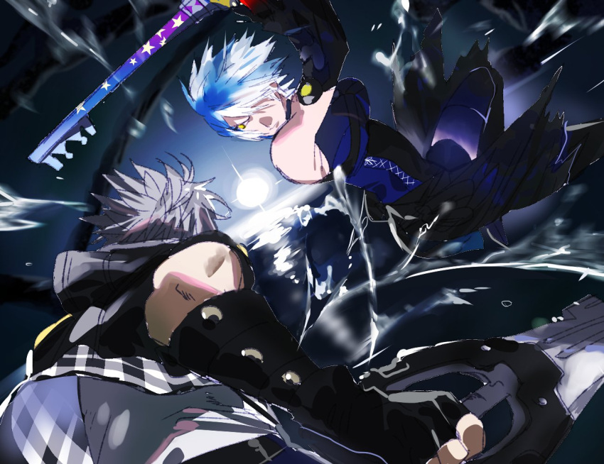 1boy 1girl aqua_(kingdom_hearts) battle beach blue_hair blurry blurry_background detached_sleeves fingerless_gloves gloves hair_over_one_eye jacket keyblade kingdom_hearts kingdom_hearts_iii multicolored_hair riku silver_hair sleeveless talesofmikuro two-tone_hair water weapon