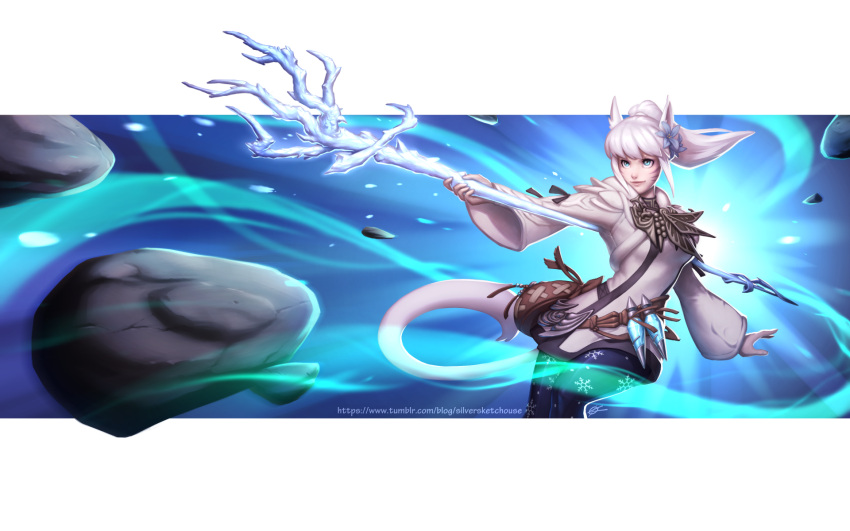 1girl animal_ears bangs blue_background blue_eyes cat_ears cat_tail facial_mark final_fantasy final_fantasy_xiv highres holding holding_staff letterboxed long_hair magic miqo'te ponytail potion rock silver_tea_house smile snowflake_print solo staff tail vial watermark web_address whisker_markings white_hair white_mage