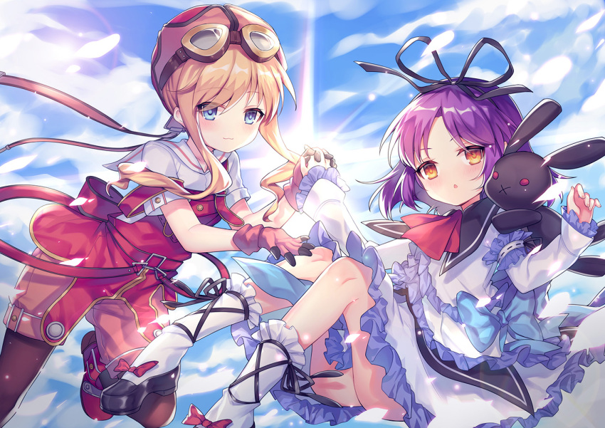 2girls :3 ascot bangs black_footwear blonde_hair blue_bow blue_eyes blue_sky blush boots bow brown_eyes brown_gloves brown_legwear brown_shorts closed_mouth clouds cloudy_sky commentary_request day dress eiyuu_densetsu eyebrows_visible_through_hair fingernails frilled_dress frilled_sleeves frills gloves goggles goggles_on_head hair_between_eyes helmet holding_hands interlocked_fingers legwear_under_shorts long_hair long_sleeves multiple_girls outdoors pantyhose parted_lips purple_hair red_footwear red_headwear red_neckwear renne sailor_collar shirt shoes short_shorts short_sleeves shorts sidelocks sky sleeves_past_wrists socks sora_no_kiseki stuffed_animal stuffed_bunny stuffed_toy tita_russell twintails utm white_dress white_legwear white_sailor_collar white_shirt