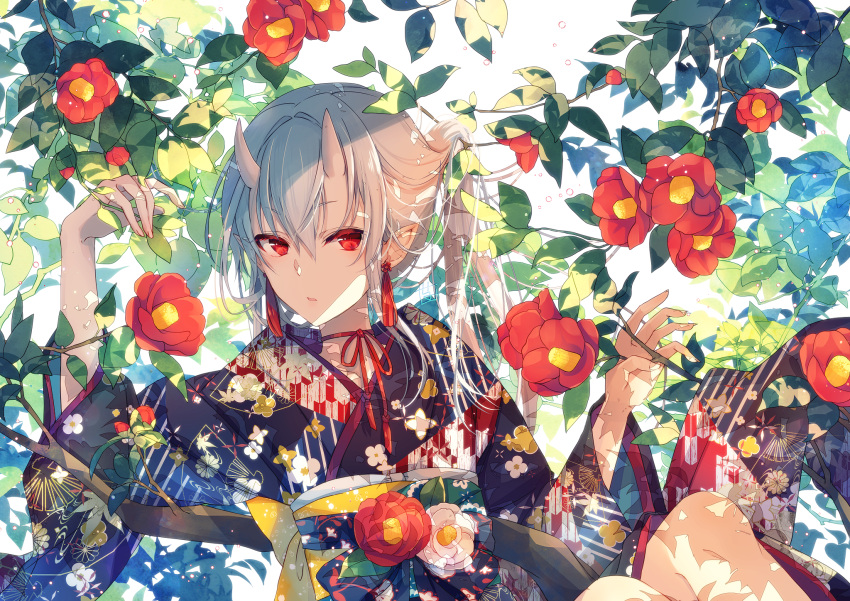 1girl arm_up bangs blue_kimono commentary_request earrings eyebrows_visible_through_hair fingernails floral_print flower goma_(11zihisin) hair_between_eyes hand_up highres horns japanese_clothes jewelry kimono knees_up long_hair long_sleeves looking_at_viewer oni oni_horns original parted_lips pointy_ears ponytail print_kimono red_eyes red_flower silver_hair solo tassel_earrings white_background wide_sleeves yagasuri