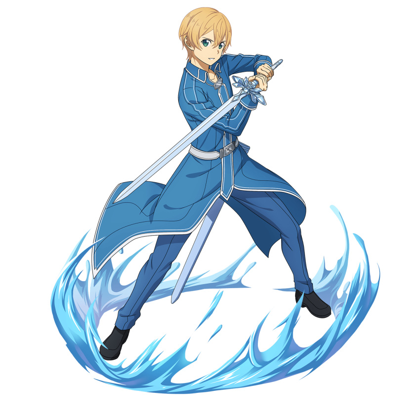 1boy black_footwear blonde_hair blue_coat blue_eyes blue_pants blue_rose_sword collarbone eugeo full_body hair_between_eyes highres holding holding_sword holding_weapon long_sleeves male_focus official_art pants parted_lips solo stance sword sword_art_online transparent_background weapon