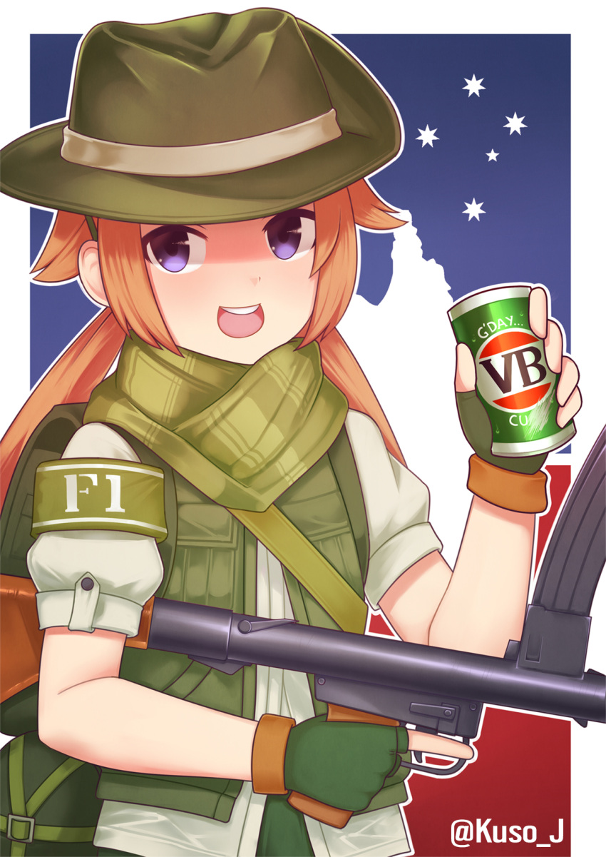 1girl alcohol artist_name australia beer beer_can blush brown_hair can convenient_censoring f1_(girls_frontline) fingerless_gloves girls_frontline gloves green_gloves green_headwear gun hat highres holding holding_gun holding_weapon jacy long_hair looking_at_viewer open_mouth puffy_short_sleeves puffy_sleeves short_sleeves smile solo submachine_gun twintails twitter_username upper_teeth vb_(beer) violet_eyes weapon