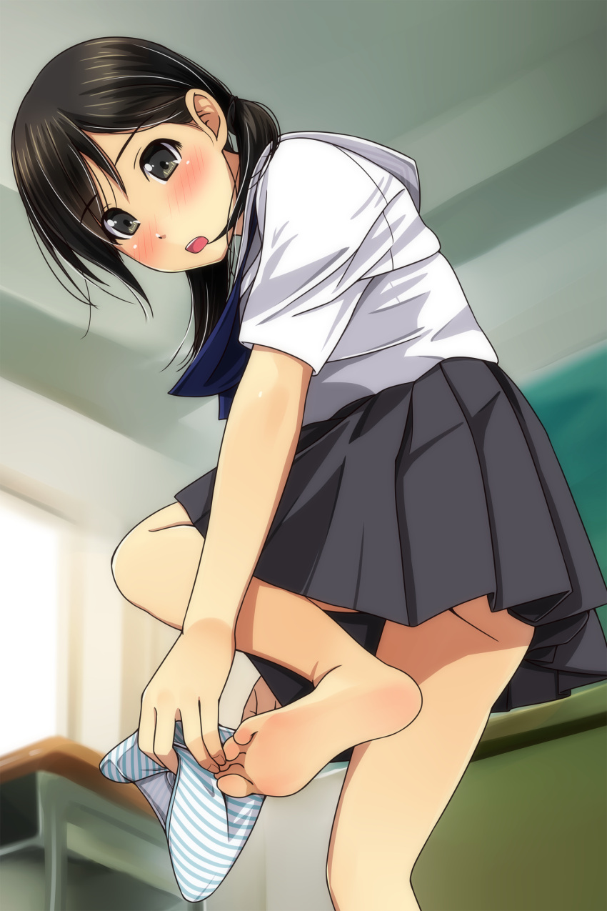 1girl absurdres bangs barefoot black_hair black_skirt blue_neckwear blush brown_eyes desk eyebrows_visible_through_hair highres holding holding_panties indoors long_hair looking_at_viewer low_twintails matsunaga_kouyou nose_blush open_mouth original panties panties_removed pleated_skirt sailor_collar school_desk school_uniform serafuku shirt skirt soles solo standing standing_on_one_leg striped striped_panties twintails underwear undressing upper_teeth white_sailor_collar white_shirt window