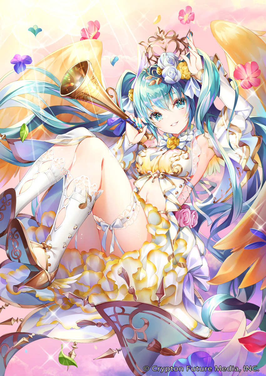 1girl aqua_eyes aqua_hair arm_up bangs boots detached_sleeves dress floating_hair flower hair_between_eyes hair_flower hair_ornament hatsune_miku hatsune_miku_graphy_collection high_heels highres horn_(instrument) knee_boots light_rays long_hair looking_at_viewer musical_note nail_polish nemusuke official_art solo sunbeam sunlight twintails very_long_hair vocaloid white_footwear white_sleeves wings