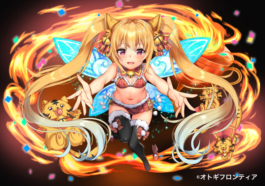 1girl absurdres animal animal_ear_fluff animal_ears bad_hands bangs bare_arms bare_shoulders bell bikini black_legwear blonde_hair blue_wings breasts buta_tamako cape character_request collar commentary_request detached_collar eyebrows_visible_through_hair fairy_wings fire full_body fur-trimmed_legwear fur-trimmed_skirt fur_trim hair_between_eyes high_heels highres jingle_bell long_hair miniskirt navel official_art otogi_frontier outstretched_arms pacifier plaid plaid_bikini plaid_collar plaid_skirt pleated_skirt red_bikini red_cape red_collar red_eyes red_footwear red_skirt shoe_removed shoes single_shoe skirt small_breasts solo swimsuit thigh-highs twintails very_long_hair watermark wings