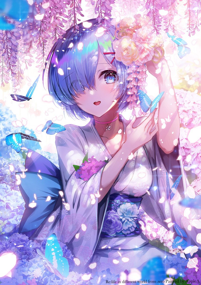 1girl :d apple_caramel artist_name bangs blue_eyes blue_hair blush breasts bug butterfly choker collarbone commentary copyright_name day eyebrows_visible_through_hair eyes_visible_through_hair floral_print flower hair_between_eyes hair_flower hair_ornament hair_over_one_eye hand_to_head hands_up highres hydrangea insect japanese_clothes kimono long_sleeves looking_at_viewer medium_breasts obi open_mouth outdoors petals pink_choker re:zero_kara_hajimeru_isekai_seikatsu rem_(re:zero) sash short_hair smile solo wide_sleeves x_hair_ornament