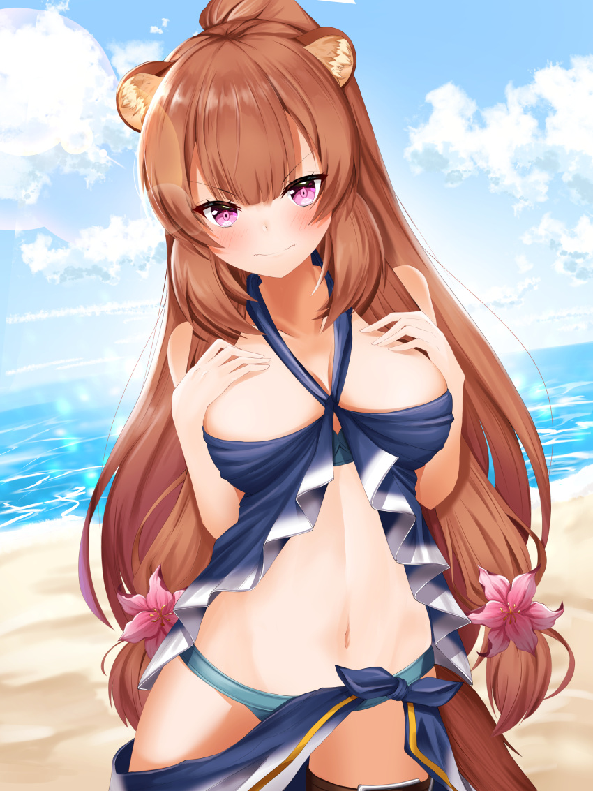 1girl absurdres animal_ears beach blush breast_suppress breasts brown_hair closed_mouth clouds collarbone day dutch_angle eyebrows_visible_through_hair flower hair_flower hair_ornament high_ponytail highres lancheu long_hair looking_at_viewer medium_breasts navel outdoors pink_eyes raccoon_ears raphtalia sky solo standing swimsuit tate_no_yuusha_no_nariagari v-shaped_eyebrows very_long_hair water