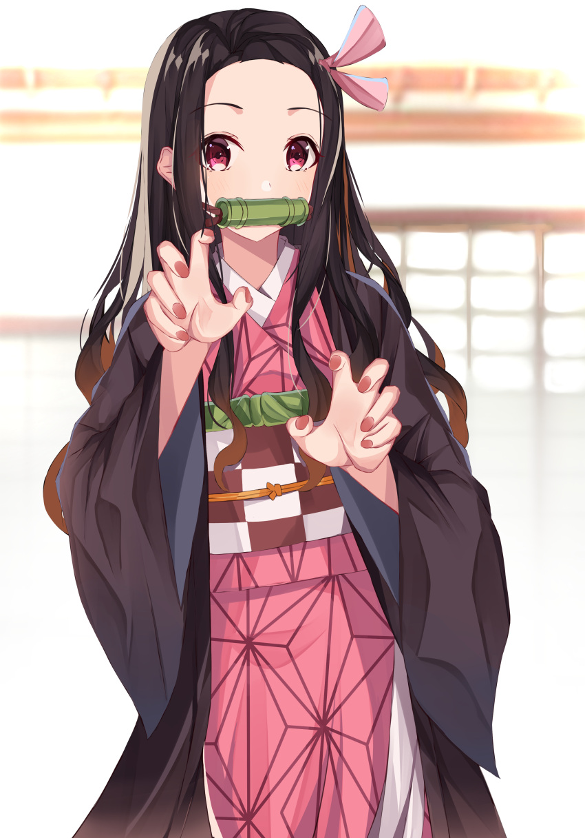 1girl absurdres bad_hands bamboo bangs bit_gag black_hair blurry blurry_background blush brown_hair checkered claw_pose commentary_request depth_of_field eyebrows_visible_through_hair fingernails forehead gag gradient_hair hair_ribbon highres japanese_clothes kamado_nezuko kimetsu_no_yaiba kimono long_sleeves mouth_hold multicolored_hair nail_polish norazura obi open_clothes parted_bangs pink_kimono pink_ribbon red_nails ribbon sash solo violet_eyes wide_sleeves window