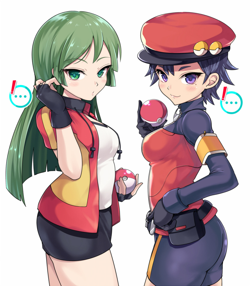 ! 2girls ace_trainer_(pokemon) armband ass bangs bike_shorts black_eyes black_gloves black_hair blush breasts fingerless_gloves gloves green_eyes green_hair hat highres holding holding_poke_ball jacket kasai_shin long_hair looking_at_viewer medium_breasts multiple_girls open_clothes open_jacket poke_ball pokemon_masters pokemon_ranger_(pokemon) pouch raglan_sleeves short_hair simple_background smile spoken_exclamation_mark white_background