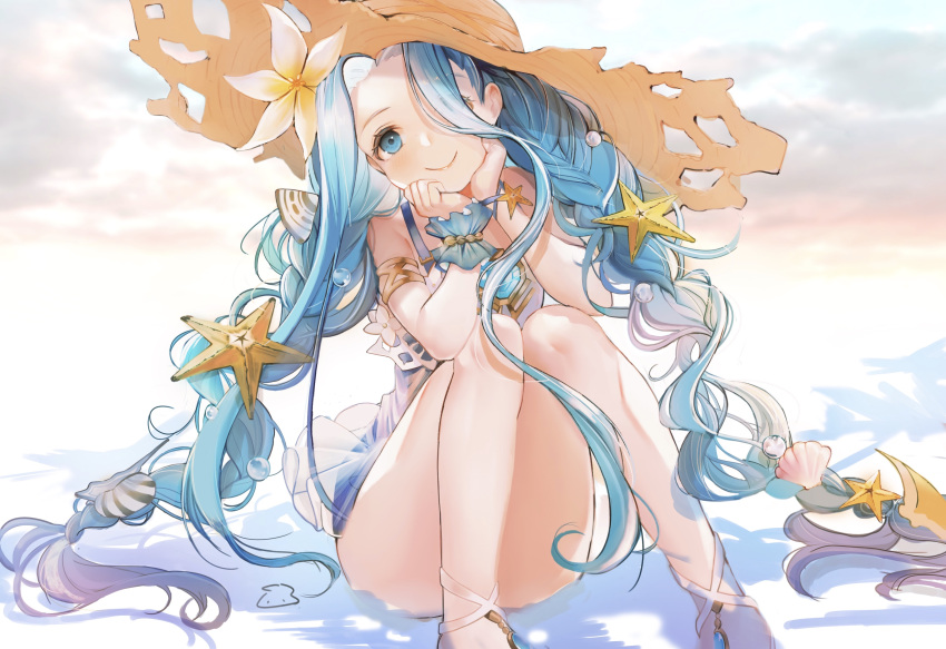 1girl absurdres blue_eyes blue_hair blue_ribbon braid closed_mouth dress eyes_visible_through_hair floating_hair flower granblue_fantasy hair_flower hair_ornament hair_over_one_eye halterneck hat head_tilt highres long_hair looking_at_viewer lyria_(granblue_fantasy) para3318 ribbon see-through short_dress sitting sleeveless sleeveless_dress smile solo straw_hat sun_hat twin_braids very_long_hair white_dress white_flower wrist_cuffs wrist_ribbon yellow_headwear