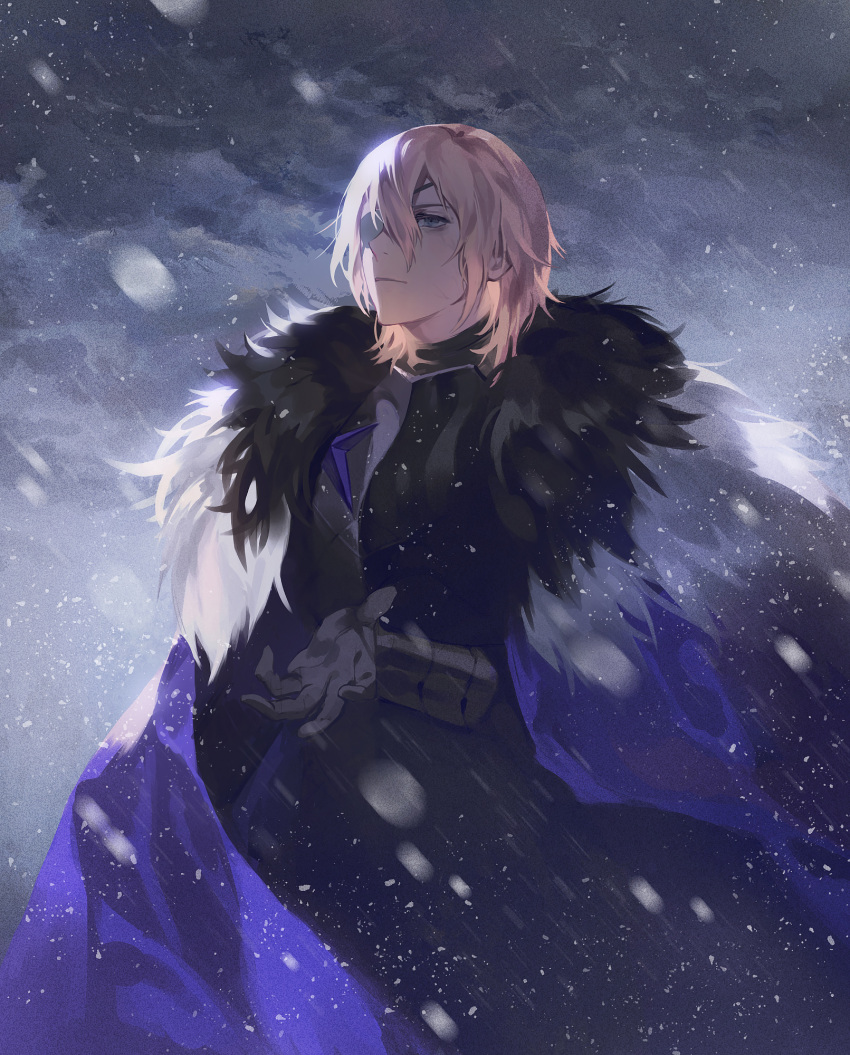 1boy black_gloves blonde_hair blue_cape blue_eyes cape closed_mouth clouds cloudy_sky dimitri_alexandre_bladud eyepatch fajyobore323 fire_emblem fire_emblem:_three_houses fur-trimmed_cape fur_trim gloves hair_between_eyes highres looking_afar looking_away looking_up male_focus motion_blur one_eye_covered outdoors outstretched_hand sky snowing winter
