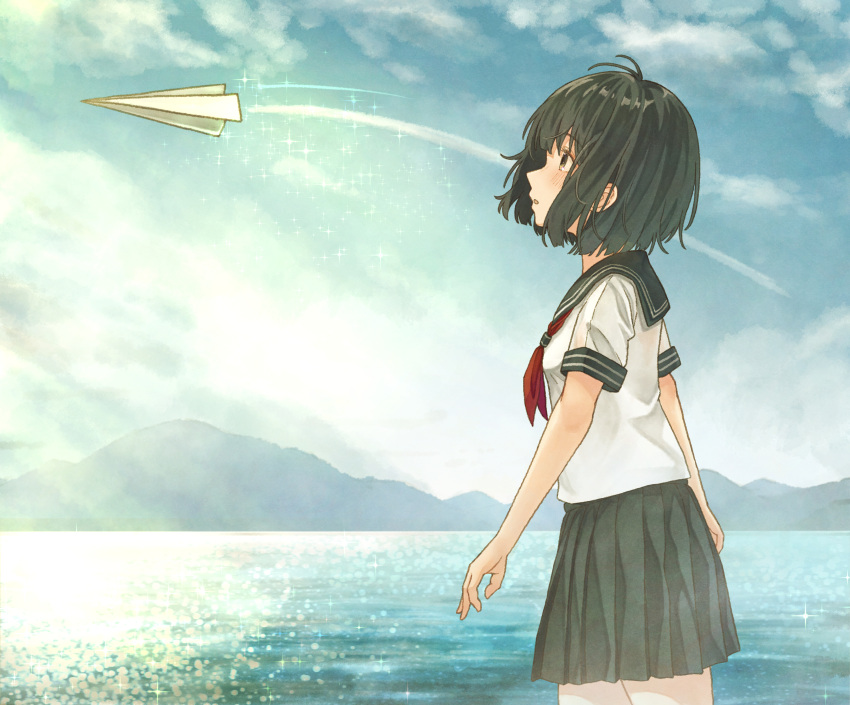 1girl absurdres black_hair black_skirt blush bob_cut brown_eyes clouds day from_side highres huge_filesize looking_away mountainous_horizon neckerchief original outdoors paper_airplane parted_lips red_neckwear sailor_collar school_uniform short_hair short_sleeves skirt solo tanbonota46 water