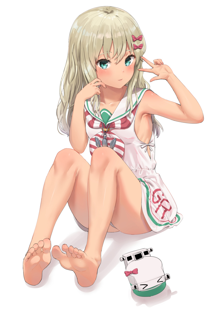 1girl barefoot blonde_hair bow closed_mouth collarbone commentary_request dress eyebrows_visible_through_hair feet grecale_(kantai_collection) green_eyes hair_bow highres kantai_collection long_hair looking_at_viewer sailor_dress simple_background sitting sleeveless sleeveless_dress soles solo soushou_nin tan w white_background white_dress