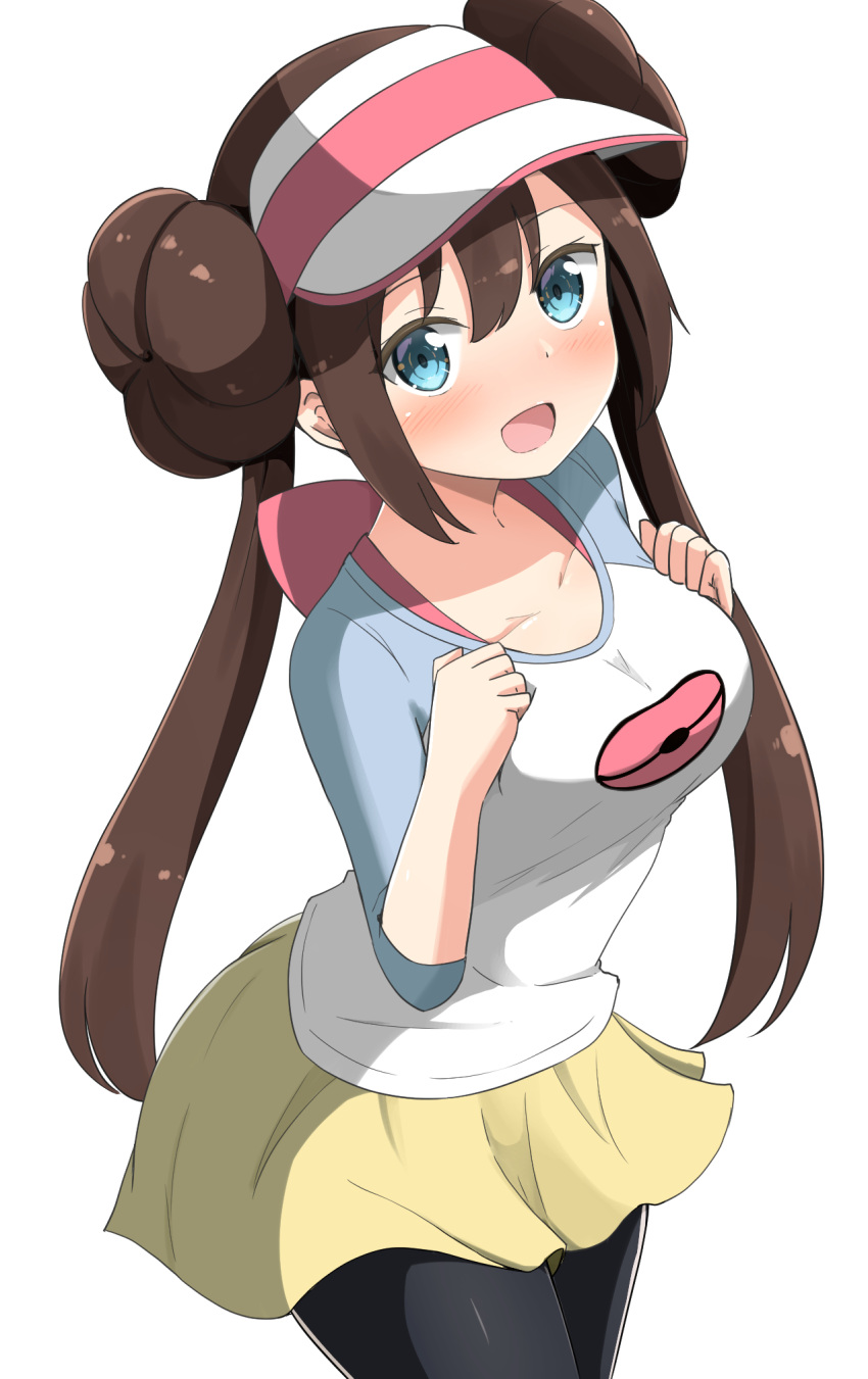 1girl aikawa_ryou bangs black_legwear blue_eyes blush breasts brown_hair collarbone commentary_request double_bun eyebrows_visible_through_hair happy highres large_breasts long_hair looking_at_viewer mei_(pokemon) open_mouth pantyhose pokemon pokemon_(game) raglan_sleeves simple_background skirt smile solo twintails visor_cap yellow_skirt