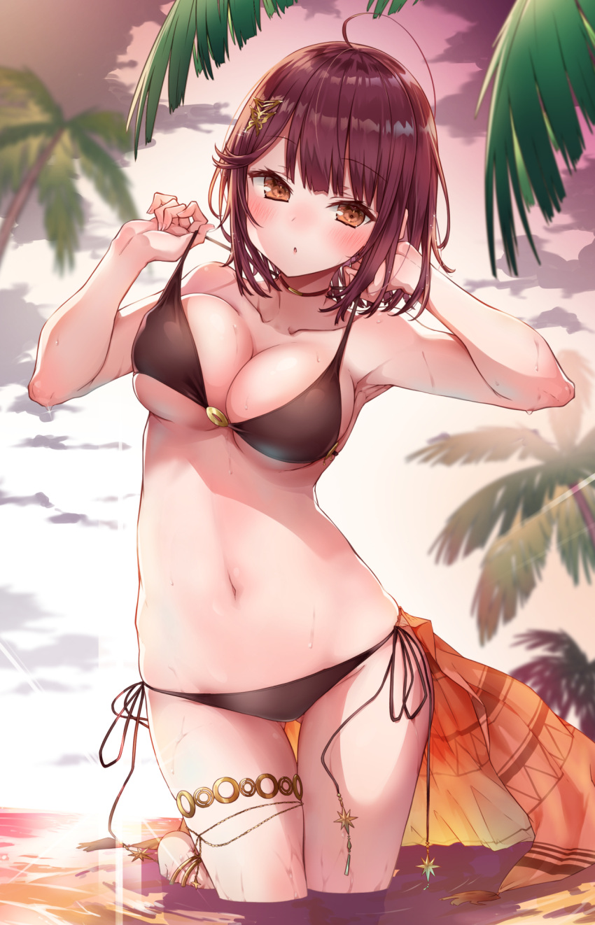 1girl ahoge alt atelier_(series) atelier_sophie bikini black_bikini blurry blush breasts brown_eyes brown_hair choker clouds collarbone commentary_request depth_of_field eyebrows_visible_through_hair highres large_breasts looking_at_viewer navel outdoors palm_tree parted_lips side-tie_bikini sky solo sophie_neuenmuller standing strap_pull sun sunrise sunset swimsuit tree water wet