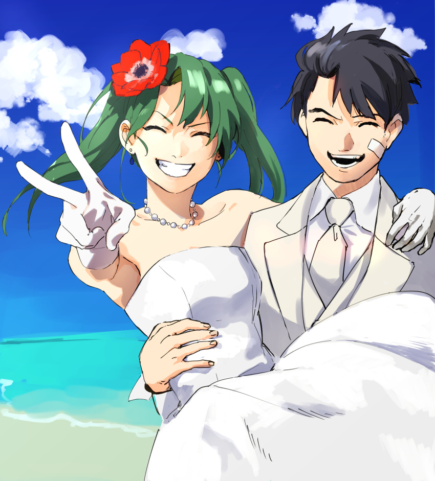 1boy 1girl absurdres admiral_(kantai_collection) bandaid bandaid_on_face beach bead_necklace beads black_hair blue_sky carrying clouds dress flower formal gloves green_hair grin hair_flower hair_ornament highres jewelry kantai_collection necklace necktie ocean open_mouth princess_carry roru_(lol_dessin) shore sky smile strapless strapless_dress suit suke_(singekijyosei) tuxedo twintails v wedding_dress white_dress white_gloves white_neckwear white_suit zuikaku_(kantai_collection)