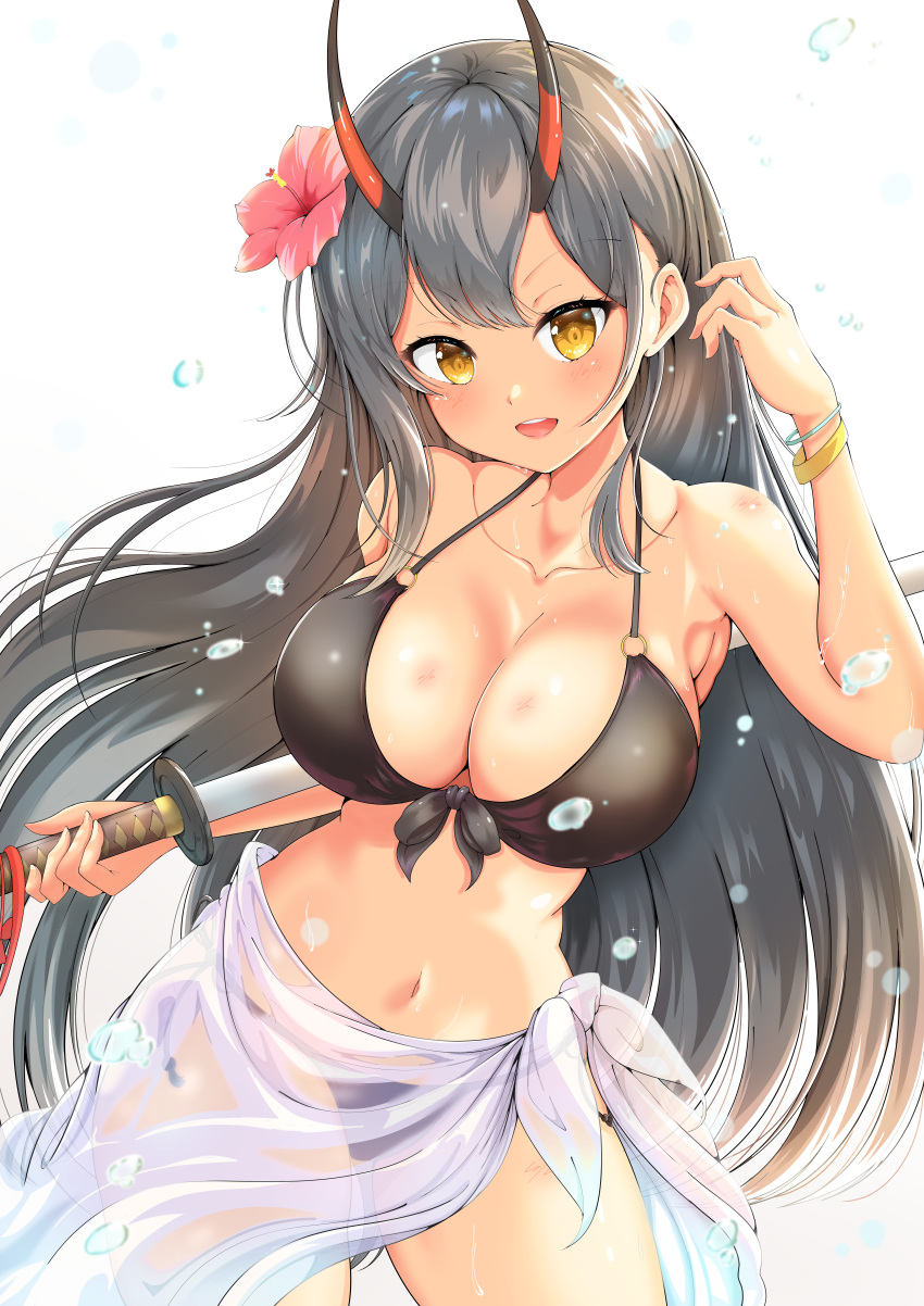 1girl absurdres ass_visible_through_thighs azur_lane bare_shoulders bikini black_bikini black_hair breasts contrapposto cowboy_shot flower front-tie_top hair_between_eyes hair_flower hair_ornament hibiscus highres holding holding_weapon horns huge_filesize katana large_breasts lips long_hair looking_at_viewer oni_horns open_mouth pink_lips saki8827 sarong see-through sheath sheathed solo suzuya_(azur_lane) swimsuit sword upper_teeth weapon white_sarong yellow_eyes