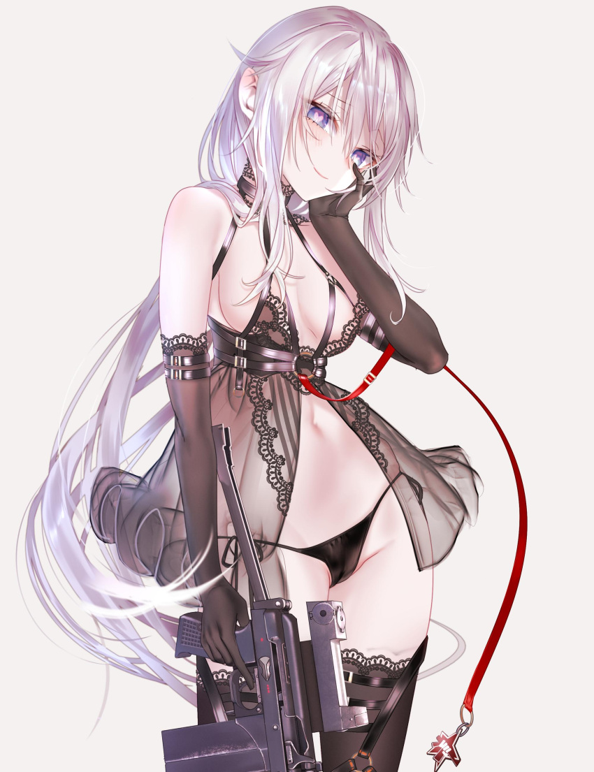 1girl 9a-91 9a-91_(girls_frontline) absurdres assault_rifle bangs bare_shoulders black_babydoll black_legwear black_panties blue_eyes blush breasts cowboy_shot girls_frontline gloves gun hair_between_eyes hair_ornament hand_on_own_cheek heart heart-shaped_pupils highres holding holding_gun holding_weapon long_hair looking_at_viewer low_twintails medium_breasts navel o-ring panties parted_lips pottsness rifle see-through side-tie_panties sidelocks silver_hair solo star symbol-shaped_pupils thigh-highs trigger_discipline twintails underwear weapon