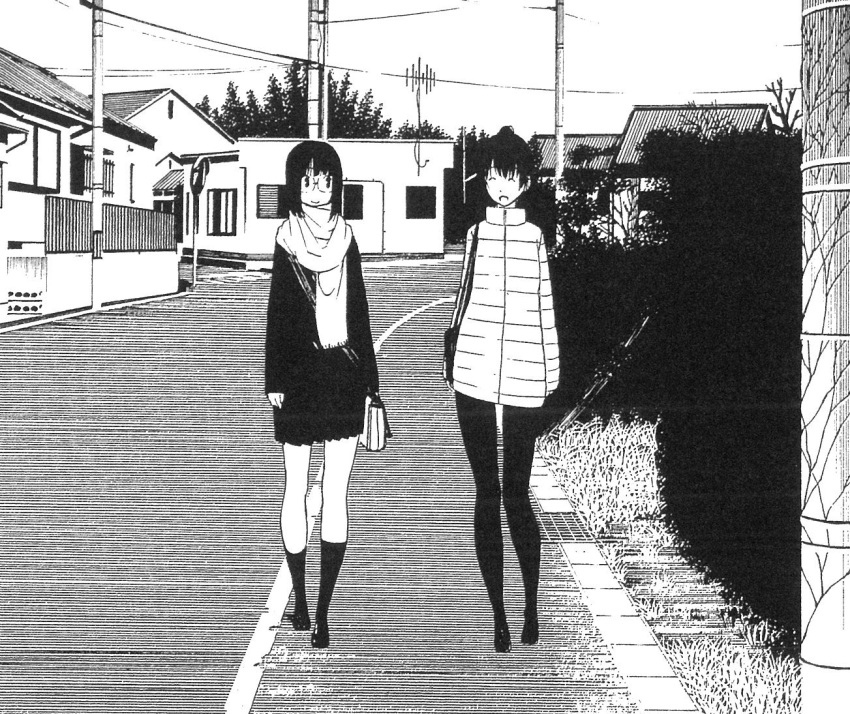 2girls bag black_hair black_skirt building closed_eyes coat fence glasses kneehighs looking_at_viewer monochrome multiple_girls ogino_jun original pantyhose pleated_skirt power_lines rimless_eyewear road scarf shoulder_bag skirt smile street turtleneck walking window