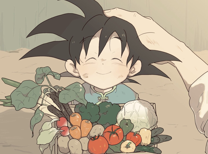 1boy ^_^ bell_pepper black_hair broccoli carrot chinese_clothes close-up closed_eyes cocorikokke commentary_request cucumber dirty dirty_face dragon_ball dragon_ball_super dragon_ball_z eyebrows_visible_through_hair face father_and_son fingernails food fruit hand_on_another's_head happy head_out_of_frame holding holding_food holding_vegetable lettuce male_focus out_of_frame outstretched_arm pepper petting potato pov pov_hands radish short_hair smile son_gokuu son_goten spiky_hair spring_onion sweat tomato upper_body vegetable