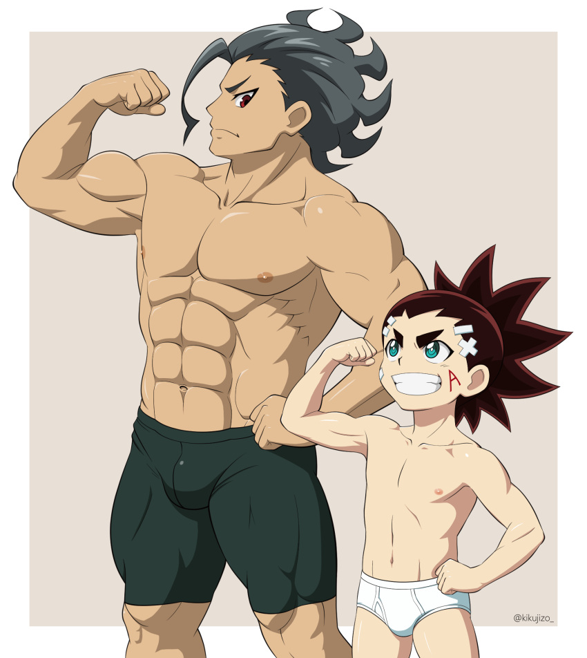 2boys abs age_difference akaba_aiga aqua_eyes bandaid bandaid_on_face beyblade beyblade:_burst black_hair briefs brown_hair bulge eye_contact eyebrows face_painting flexing height_difference highres kikujizo looking_at_another looking_at_viewer male_focus multiple_boys muscle navel nipples ou_houi pose red_eyes size_difference twitter_username underwear white_briefs