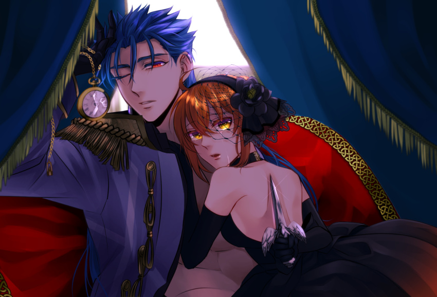 backless_dress backless_outfit black_dress black_flower black_gloves black_hairband blue_hair blue_jacket breasts brown_hair clock dagger dress elbow_gloves fate/grand_order fate_(series) floating_hair flower fujimaru_ritsuka_(female) gloves hair_flower hair_ornament hairband hetero holding holding_dagger holding_weapon indoors jacket lancer long_hair looking_at_viewer medium_breasts one_eye_closed open_clothes open_jacket parted_lips red_eyes redrabbit44 short_hair sitting sleeveless sleeveless_dress very_long_hair weapon yellow_eyes