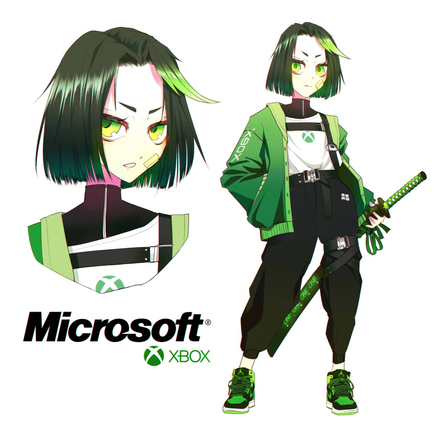 1girl absurdres bandaid bandaid_on_face belt belt_buckle black_pants buckle closed_mouth dark_green_hair flat_chest full_body green_eyes green_hair green_jacket hand_in_pocket highres holding holding_sword holding_weapon jacket katana leg_belt looking_at_viewer looking_to_the_side microsoft multicolored_hair multiple_views open_mouth original os-tan pants parted_lips personification scabbard sheath shirt shoes short_hair shoulder_belt sidelocks simple_background standing sword two-tone_hair upper_body v-shaped_eyebrows vinne weapon white_background white_shirt xbox xbox_one xbox_one_(personification)