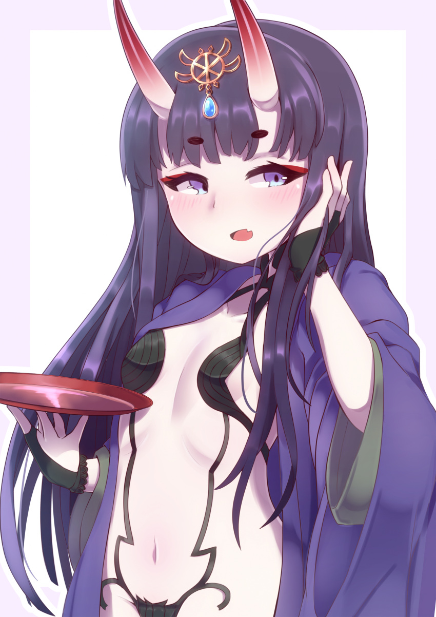 1girl :d absurdres alcohol alternate_hair_length alternate_hairstyle bangs blue_eyes breasts bridal_gauntlets cup eyeliner fang fate/grand_order fate_(series) hand_up headpiece highres horns japanese_clothes light_blue_eyes long_hair long_sleeves makeup navel oni oni_horns open_mouth purple_hair revealing_clothes sakazuki sake shuten_douji_(fate/grand_order) small_breasts smile solo straight_hair very_long_hair wide_sleeves yuya090602