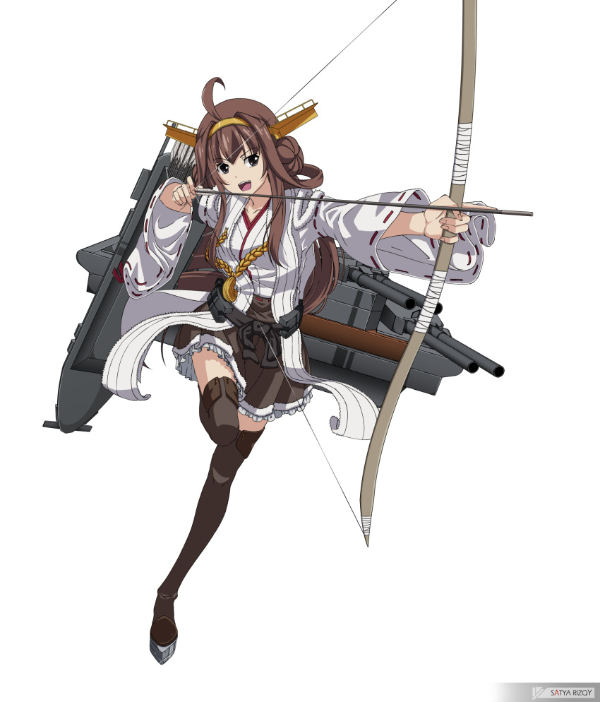 1girl ahoge arrow bare_shoulders boots bow_(weapon) breasts brown_eyes brown_hair brown_skirt cannon commentary commission detached_sleeves double_bun frilled_skirt frills hairband headgear highres holding holding_bow_(weapon) holding_weapon japanese_clothes kantai_collection kongou_(kantai_collection) long_hair medium_breasts nontraditional_miko pleated_skirt quiver remodel_(kantai_collection) ribbon-trimmed_sleeves ribbon_trim rigging satyarizqy simple_background skirt solo standing standing_on_one_leg thigh-highs thigh_boots turret weapon white_background yumi_(bow)