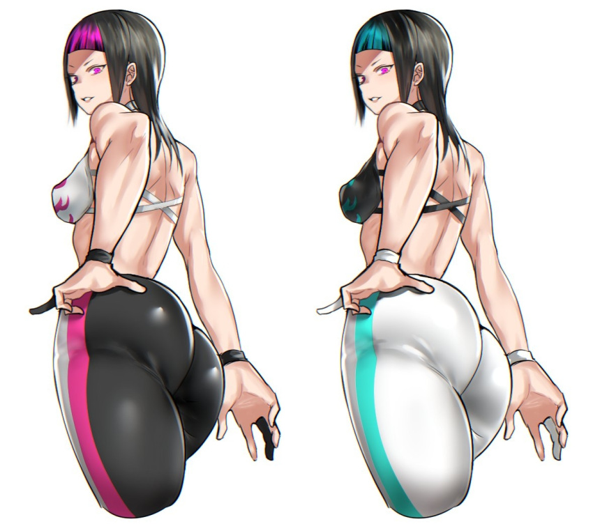 2girls alternate_color aqua_hair ass back bare_shoulders black_hair breasts chinese_clothes collage cropped_legs dual_persona dudou eye_(mememem) hair_down halter_top halterneck han_juri hand_on_own_ass looking_back medium_breasts medium_hair multicolored_hair multiple_girls pants pink_hair player_2 skin_tight sleeveless solo_focus streaked_hair street_fighter street_fighter_v striped thick_thighs thighs two-tone_hair vertical_stripes violet_eyes yoga_pants