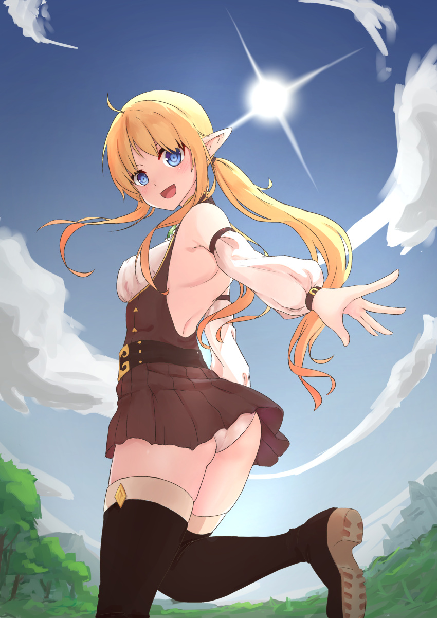 1girl absurdres ahoge ass bangs bare_shoulders black_footwear blonde_hair blue_eyes blush boots breasts brown_dress clouds commentary_request dress elach elf from_behind from_below highres looking_at_viewer medium_breasts original outdoors panties pointy_ears solo sun thigh-highs thigh_boots twintails underwear white_dress white_panties