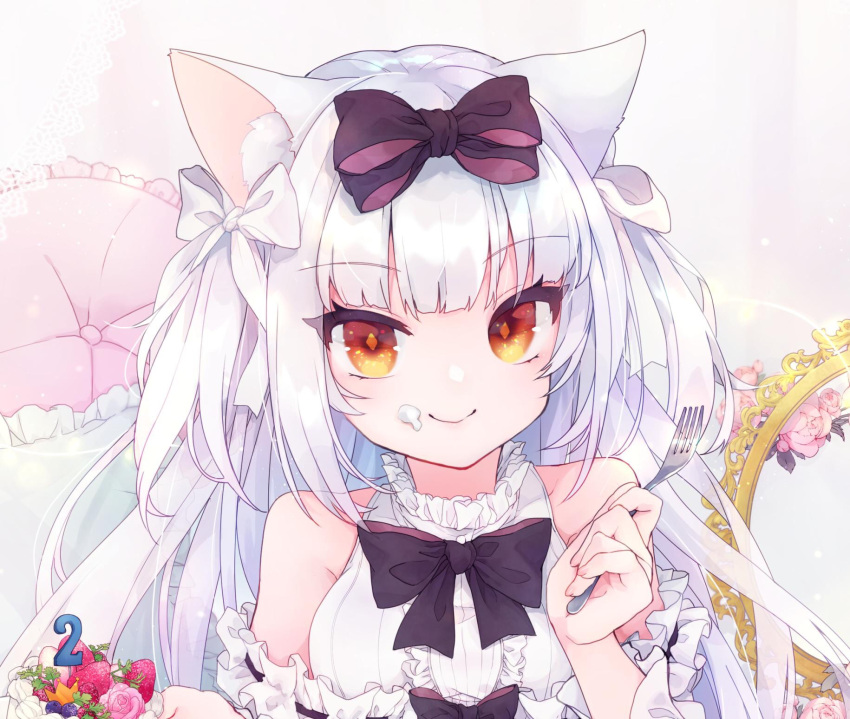 1girl animal_ear_fluff animal_ears azur_lane bangs bare_shoulders black_bow bow breasts cake cat_ears closed_mouth commentary_request detached_sleeves dress eyebrows_visible_through_hair fingernails food food_on_face fork frilled_dress frilled_sleeves frills hair_bow hair_ribbon highres holding holding_fork long_hair looking_at_viewer medium_breasts mirror ribbon shichijou_natori sidelocks smile solo two_side_up umbrella white_hair white_ribbon yellow_eyes yukikaze_(azur_lane) yukikaze_(swings-sama)_(azur_lane)