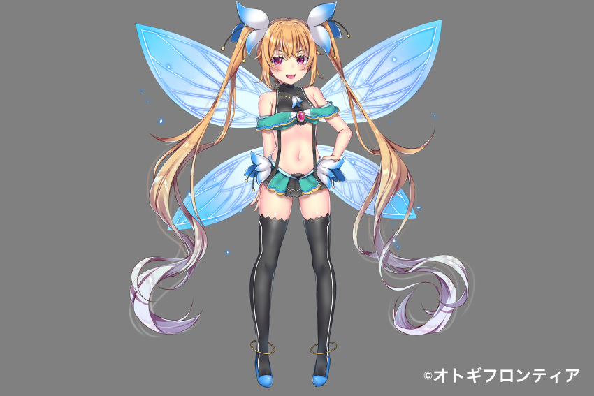 1girl :d bangs bare_shoulders black_legwear black_shirt blue_flower blue_footwear blue_wings blush brown_hair buta_tamako character_request covered_collarbone crop_top eyebrows_visible_through_hair fairy_wings fang flower full_body gradient_hair green_skirt grey_background hair_between_eyes hair_flower hair_ornament highres long_hair looking_at_viewer midriff miniskirt multicolored_hair navel official_art open_mouth otogi_frontier shirt shoes sidelocks simple_background skirt sleeveless sleeveless_shirt smile solo standing thigh-highs twintails very_long_hair violet_eyes watermark wings