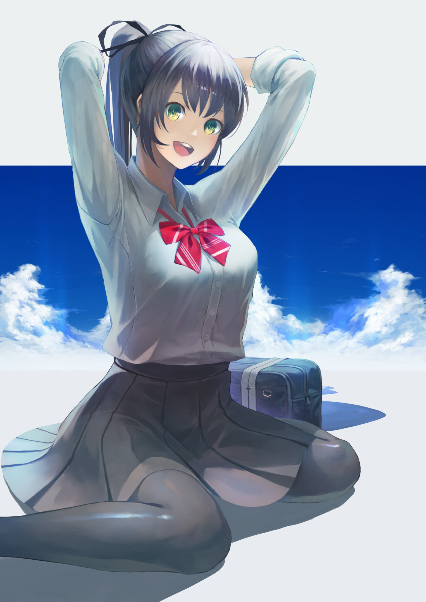 1girl absurdres arms_up black_legwear black_skirt blue_sky blush bow breasts clouds cloudy_sky green_eyes highres jun_wei large_breasts open_mouth original pantyhose red_neckwear school_uniform see-through sitting skirt sky smile solo striped striped_bow striped_neckwear tented_shirt tight uniform