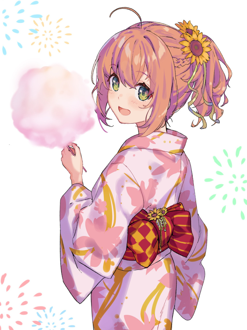 1girl :d absurdres ahoge bangs blush braid commentary_request cotton_candy cowboy_shot fireworks floral_print flower food green_eyes hair_flower hair_ornament highres holding holding_food honma_himawari japanese_clothes kimono long_sleeves looking_at_viewer looking_back nana_(nana_yume87) nijisanji obi open_mouth orange_hair pink_kimono ponytail red_sash sash smile solo sunflower_hair_ornament white_background wide_sleeves