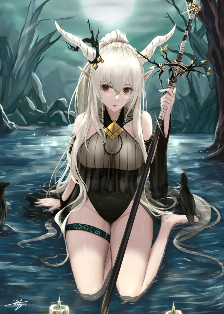 1girl arknights arm_support bangs bare_shoulders breasts chaciooh eyebrows_visible_through_hair full_body hair_between_eyes highres holding holding_staff horns large_breasts long_hair looking_at_viewer parted_lips pointy_ears ponytail red_eyes revision shining_(arknights) sidelocks sitting solo staff swimsuit thigh_strap very_long_hair white_hair yokozuwari