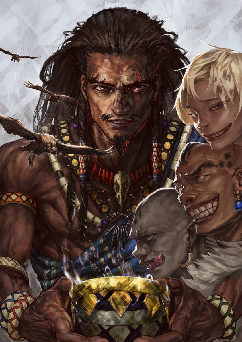 1girl 3boys armlet bald banzai_(the_lion_king) bird black_hair blonde_hair bone_earrings bracelet brown_eyes crown dark_skin earrings ed_(the_lion_king) facial_hair grey_eyes grey_skin grin hair_tubes highres holding_crown jewelry licking_lips liver_spots long_hair looking_at_viewer multiple_boys necklace personification scar scar_(the_lion_king) scar_across_eye shenzi shita_to_hidari smile tan the_lion_king tongue tongue_out vulture