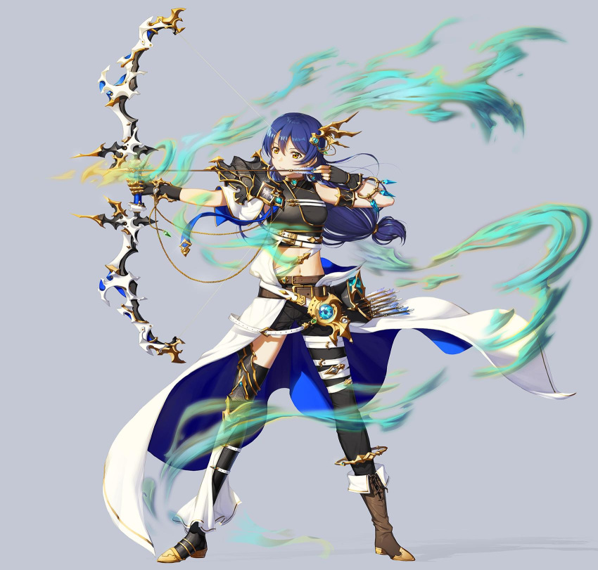 1girl aiming archery arrow bangs black_gloves blue_hair bow_(weapon) corsetman drawing_bow eyebrows_visible_through_hair fingerless_gloves from_side full_body gloves hair_between_eyes hair_ornament highres holding holding_arrow holding_bow_(weapon) holding_weapon long_hair looking_to_the_side love_live! love_live!_school_idol_project navel outstretched_arm quiver simple_background solo sonoda_umi standing weapon yellow_eyes