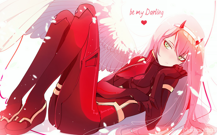 1girl angel angel_wings artist_name bangs bodysuit breasts closed_mouth commentary darling_in_the_franxx english_commentary feathered_wings green_eyes hairband heart horns lying marmalade_(elfless_vanilla) medium_breasts on_back oni_horns petals pink_hair red_bodysuit simple_background single_wing solo white_background white_hairband white_wings wings zero_two_(darling_in_the_franxx)