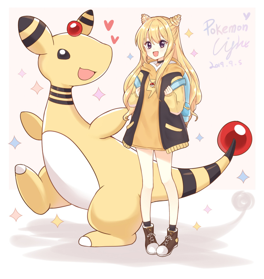 1girl :d ampharos backpack bag bangs black_jacket black_legwear blonde_hair blush boots brown_background brown_footwear commentary_request copyright_name dated eyebrows_visible_through_hair gen_2_pokemon hair_between_eyes highres hood hood_down hoodie jacket light_(luxiao_deng) lightning_bolt long_hair long_sleeves looking_at_viewer open_clothes open_jacket open_mouth orange_hoodie original personification pigeon-toed poke_ball poke_ball_(generic) pokemon pokemon_(creature) shadow signature sleeves_past_wrists smile socks sparkle standing two-tone_background two_side_up very_long_hair violet_eyes white_background